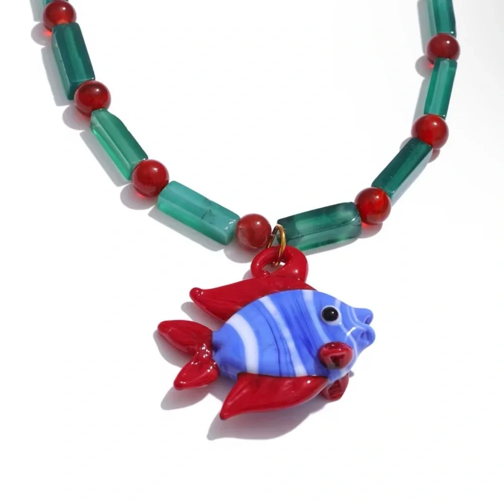 Handmade Red & Blue Glass Fish Pendant Necklace With Natural Stones